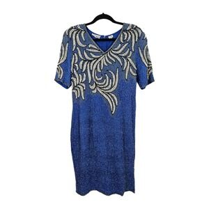 Vintage Blue Sequin Silk Dress Evening Gown Downtown Abbey Night Vogue Large